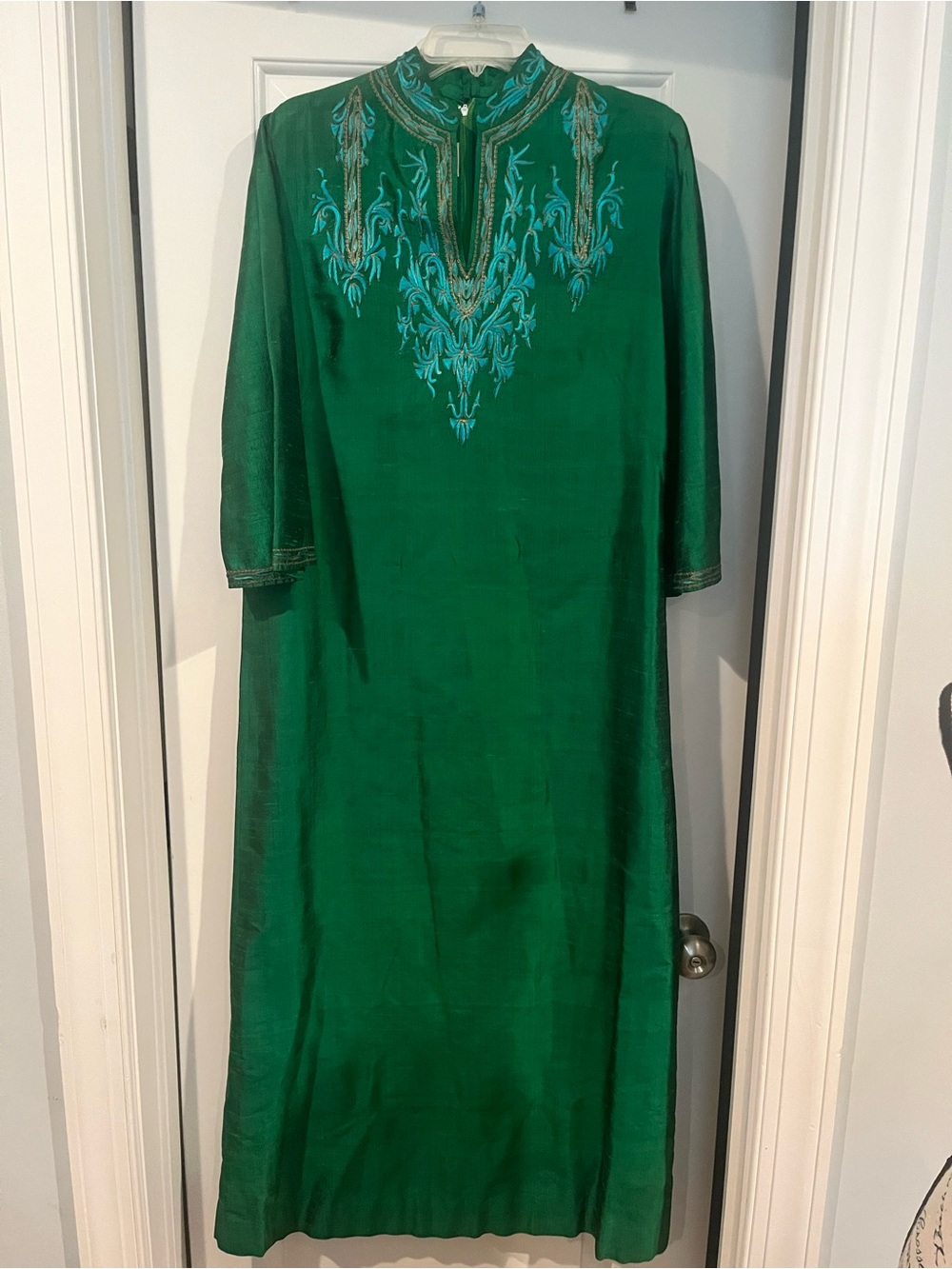 Embroidered Emerald Green Maxi Dress with Teal Detailing